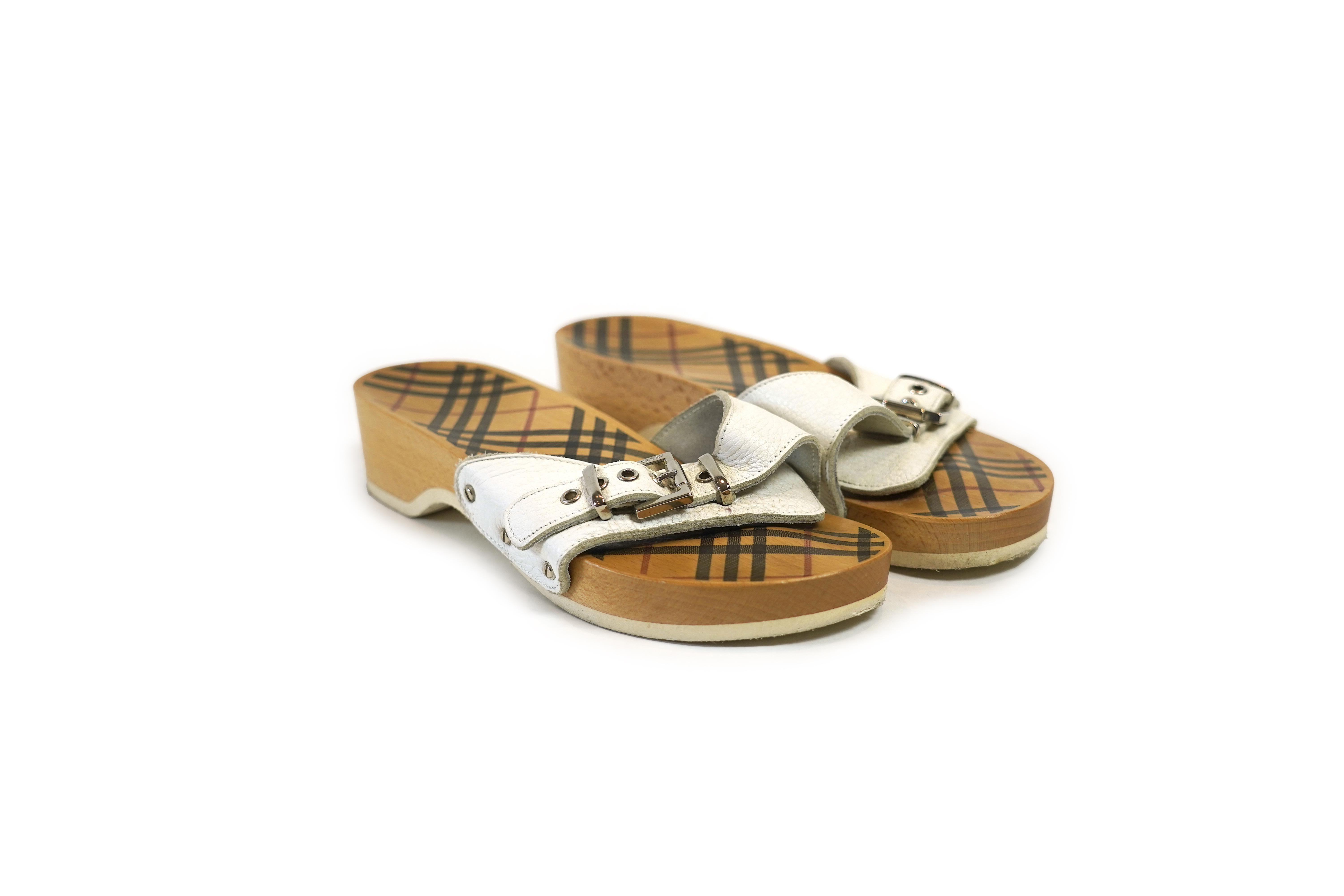 A pair of vintage Burberry white leather clog slides, with dust bag. Size 39